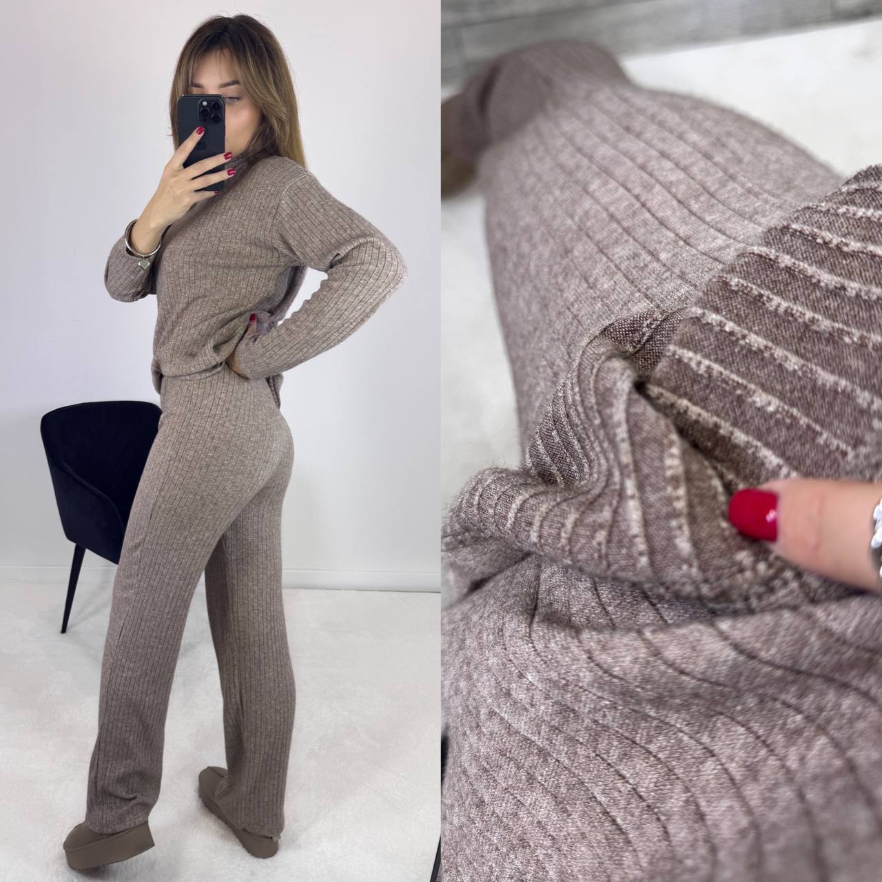 Костюм 
Тканина ангора трикотаж вязка
Костюм штани вільного крою, талія на резинці. Кофта вільного крою, горловина хомут. Тканина дуже тягнеться, приємна до тіла, дуже тепла