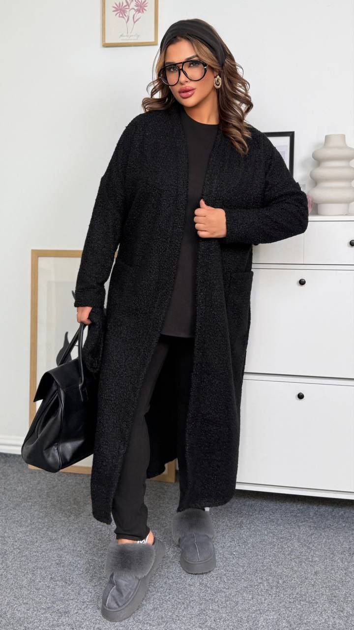 Кардиган - пальто 
Тканина : еко баранчик  на флісі ( гарно тягнеться )
Довжина  : 140 см
Довжина рукава : 76 см .