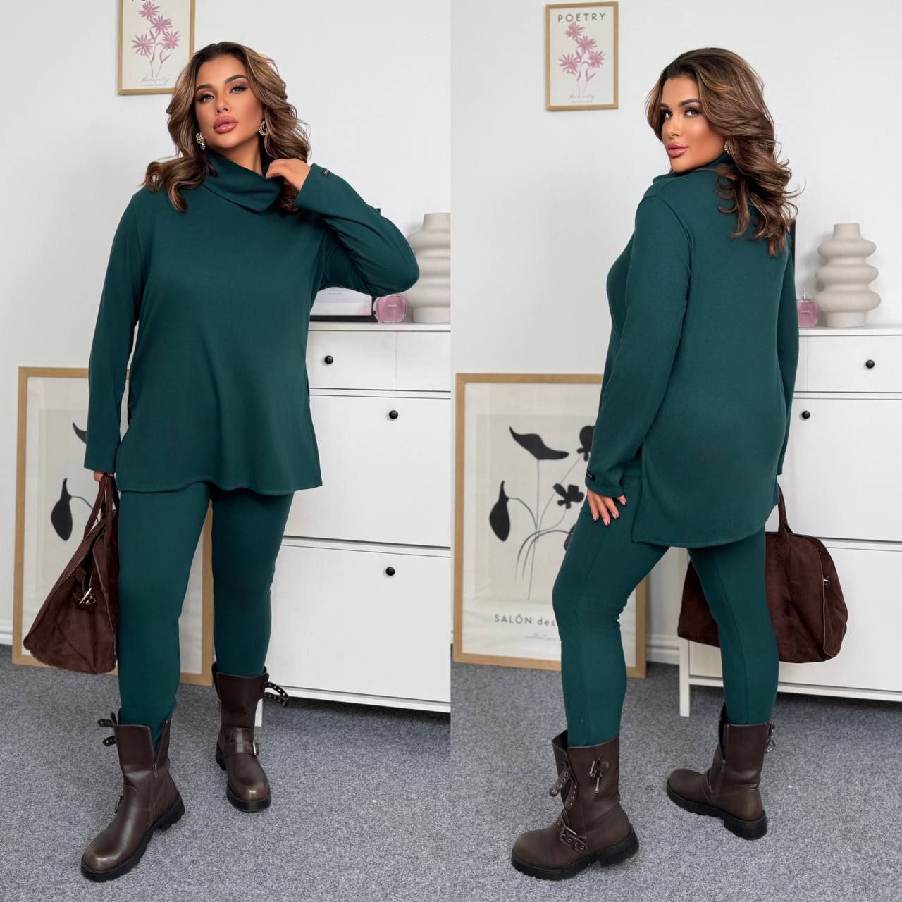 🍂BIG SALE 🍂
Костюм двійка
Тканина : трикотаж фліс - Пум@  ( гарно тягнеться )
Довжина кофти  : 80 см .
Довжина рукава : 64 см .
Довжина лосин : 108 см. 
Теплий костюм на холодну пору - кофта + лосини  . Кофта прямого покрою , з бічними розрізами . Лосини з високою посадкою на гумці .