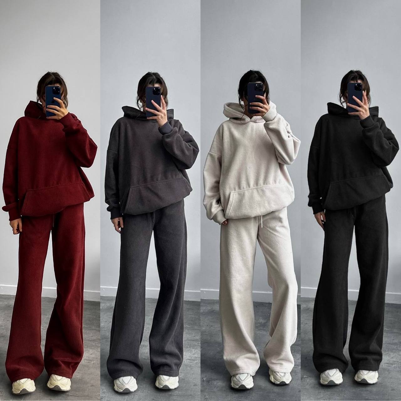 Мʼякі костюми з тепленького флісу🔆Низ кофти на затяжках
🎏Кольори: молочний, сірий, бордо, чорний
Тканина: М’якенький Фліс Polar