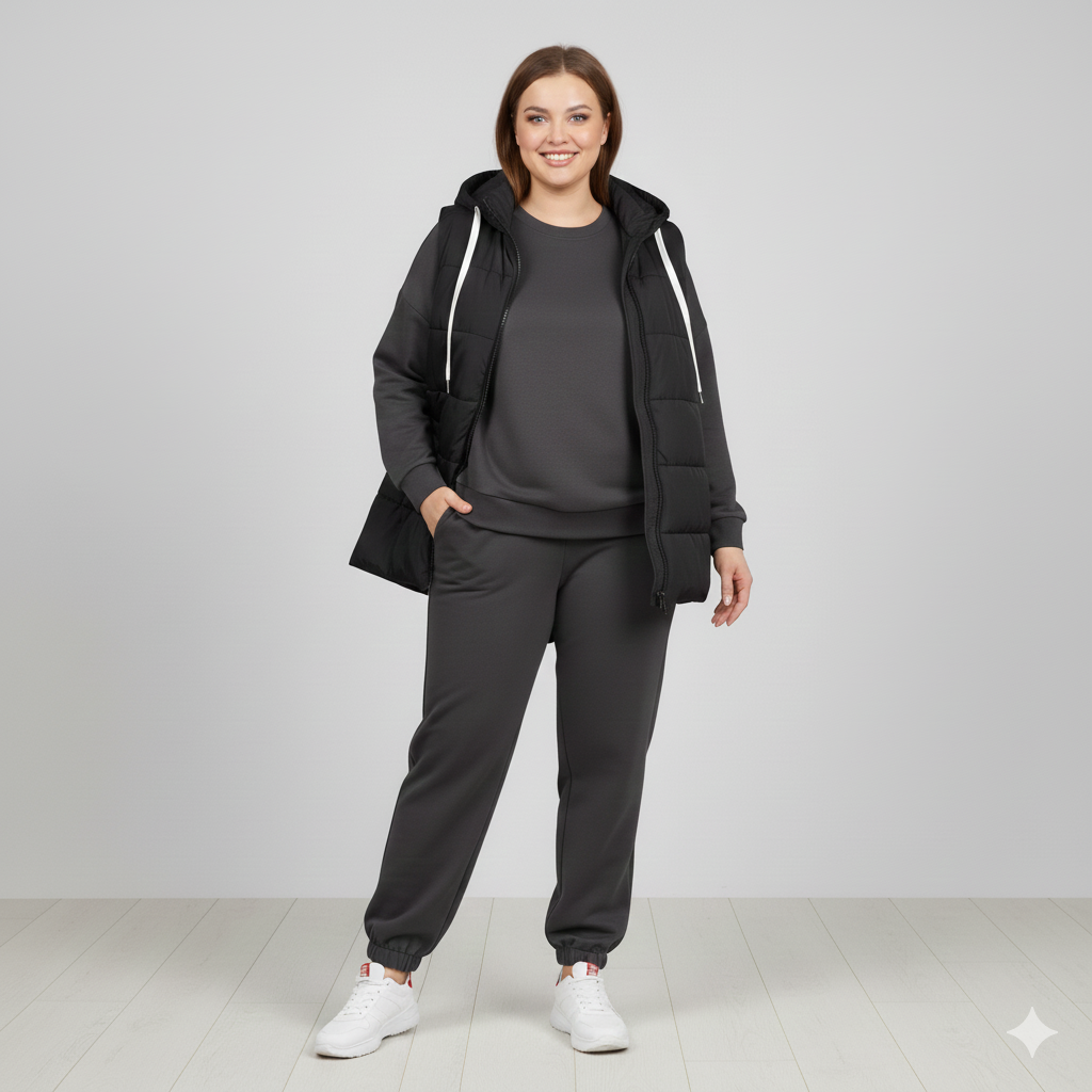 Останній розмір!
Костюм трійка- костюм двійка з тринитки на флісі + жилетка з тринитки на синтепоні