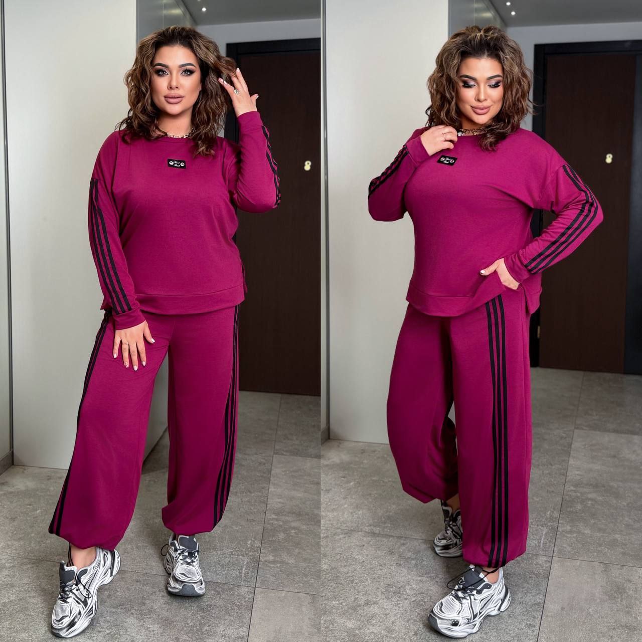 Новинка Костюм трикотаж двонитка
Тканина костюма  : двонитка  ( гарна розтяжність )
Довжина кофти : 68 см.
Довжина рукава : 72 см. ( від горловини )
Довжина штанів : 106 см 
Кофта прямого покрою на манжеті , рукав з ломпасом .  Штани з бічними ломпасами , з високою посадкою  , пояс на гумці , з бічними кишенями  , низ на фіксаторі .
Артикул: GARNA-373985