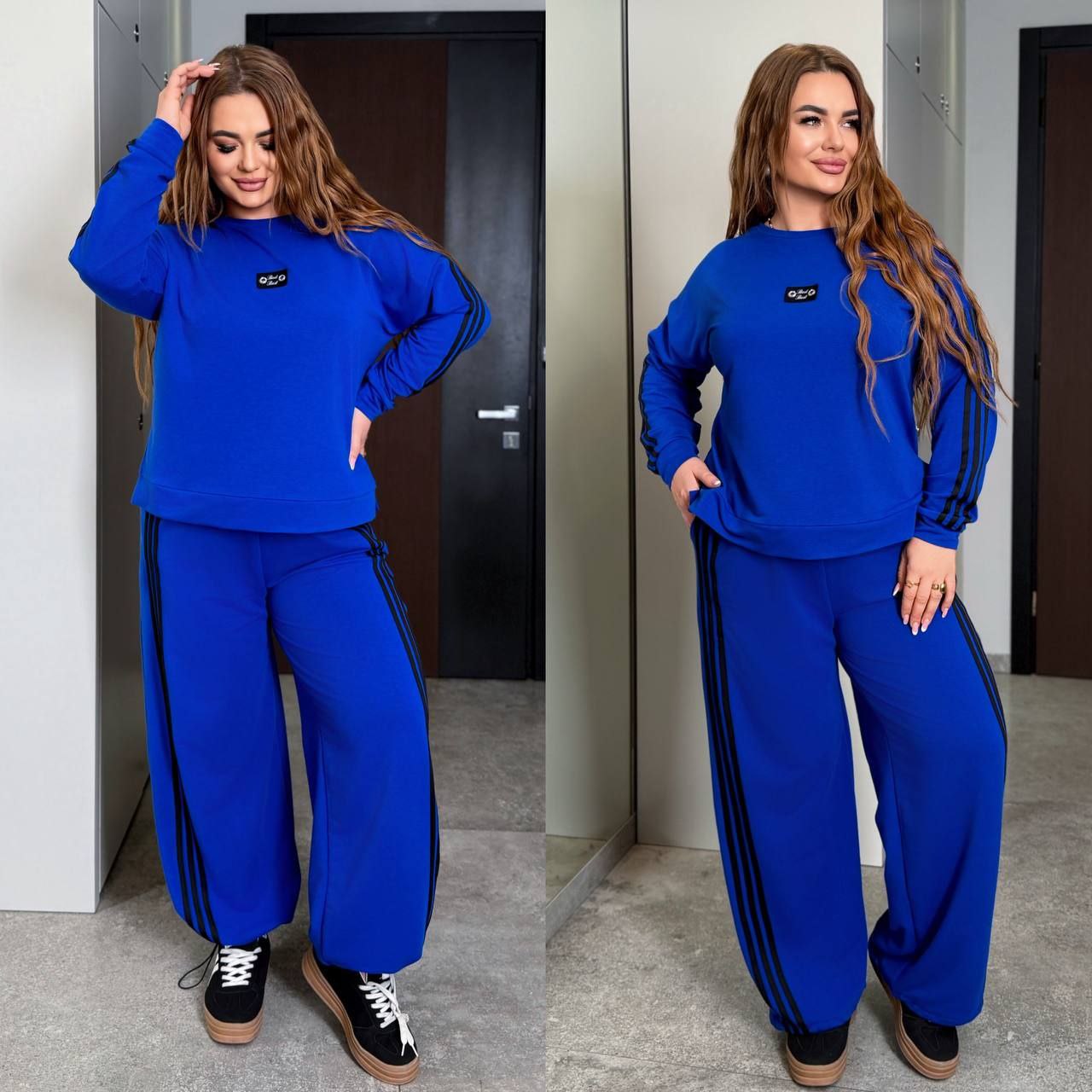 Новинка Костюм трикотаж двонитка
Тканина костюма  : двонитка  ( гарна розтяжність )
Довжина кофти : 68 см.
Довжина рукава : 72 см. ( від горловини )
Довжина штанів : 106 см 
Кофта прямого покрою на манжеті , рукав з ломпасом .  Штани з бічними ломпасами , з високою посадкою  , пояс на гумці , з бічними кишенями  , низ на фіксаторі .
Артикул: GARNA-267439