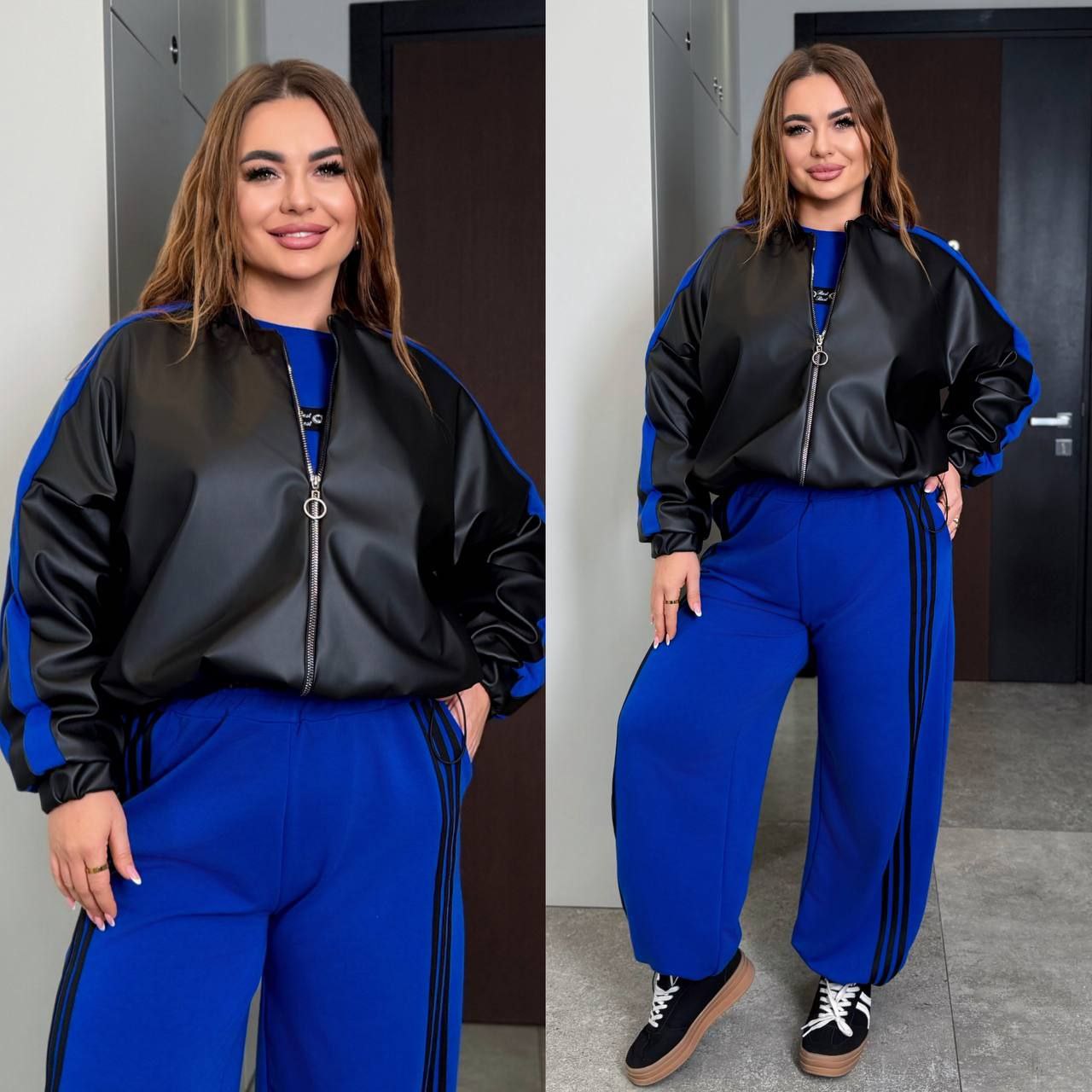 Новинка Куртка екошкіра
Костюм трійка
Тканина куртки  : якісна еко - шкіра  , підкладка  .
Тканина костюма  : двонитка  ( гарна розтяжність )
Довжина куртки  : 66 см. 
Довжина рукава : 75 см 
Довжина кофти : 68 см.
Довжина рукава : 72 см. ( від горловини )
Довжина штанів : 106 см 
Стильний  костюм трійка - куртка  + кофта + штани . Куртка на блискавці , рукав з ломпасом , низ на фіксаторі , на підкладці   . Кофта прямого покрою на манжеті , рукав з ломпасом .  Штани з бічними ломпасами , з високою посадкою  , пояс на гумці , з бічними кишенями  , низ на фіксаторі .
Артикул: GARNA-494271