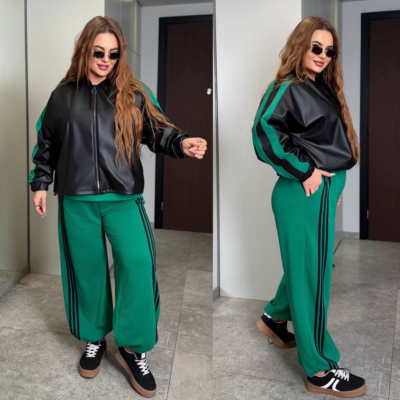 Новинка Куртка екошкіра
Костюм трійка
Тканина куртки  : якісна еко - шкіра  , підкладка  .
Тканина костюма  : двонитка  ( гарна розтяжність )
Довжина куртки  : 66 см. 
Довжина рукава : 75 см 
Довжина кофти : 68 см.
Довжина рукава : 72 см. ( від горловини )
Довжина штанів : 106 см 
Стильний  костюм трійка - куртка  + кофта + штани . Куртка на блискавці , рукав з ломпасом , низ на фіксаторі , на підкладці   . Кофта прямого покрою на манжеті , рукав з ломпасом .  Штани з бічними ломпасами , з високою посадкою  , пояс на гумці , з бічними кишенями  , низ на фіксаторі .
Артикул: GARNA-753866