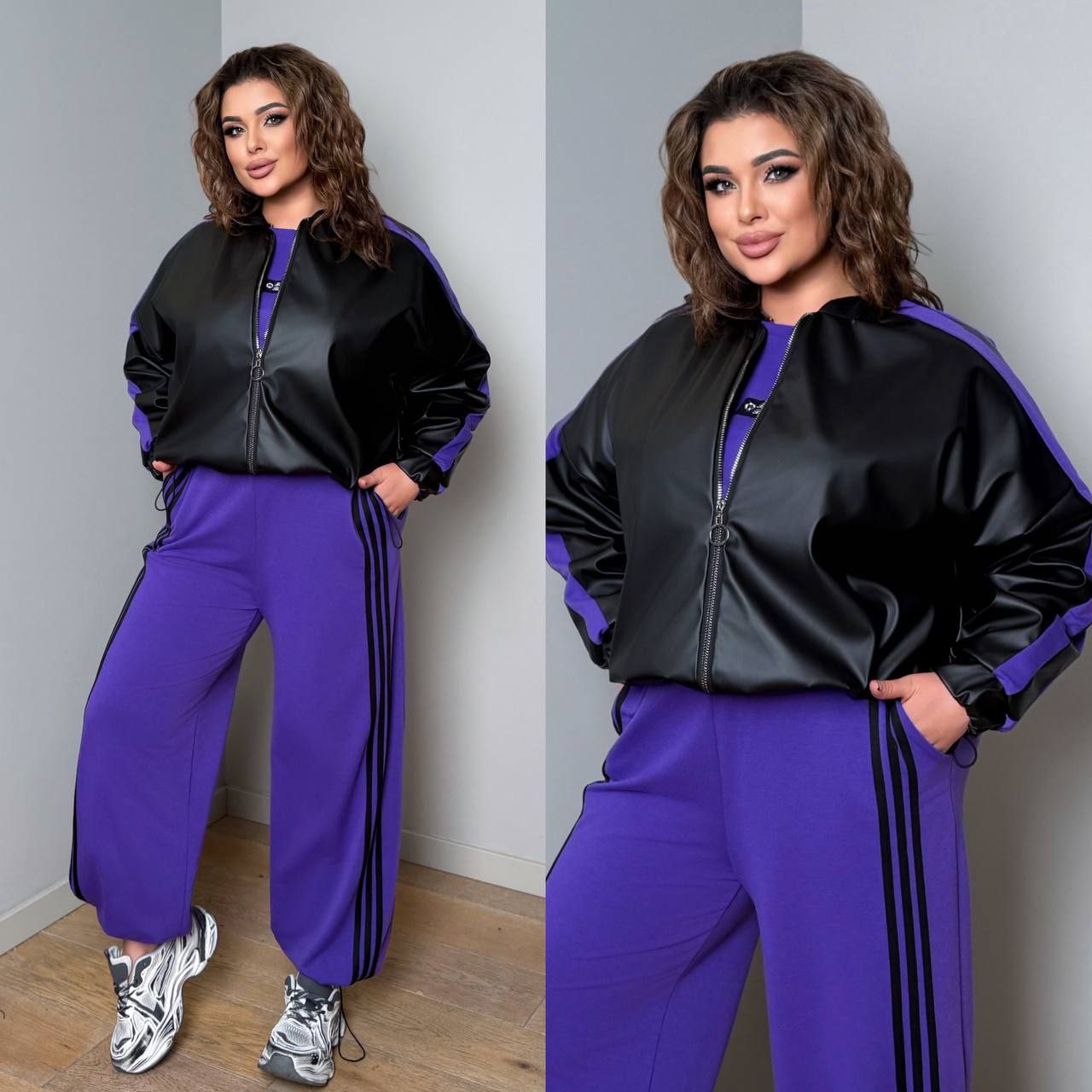 Новинка Куртка екошкіра
Костюм трійка
Тканина куртки  : якісна еко - шкіра  , підкладка  .
Тканина костюма  : двонитка  ( гарна розтяжність )
Довжина куртки  : 66 см. 
Довжина рукава : 75 см 
Довжина кофти : 68 см.
Довжина рукава : 72 см. ( від горловини )
Довжина штанів : 106 см 
Стильний  костюм трійка - куртка  + кофта + штани . Куртка на блискавці , рукав з ломпасом , низ на фіксаторі , на підкладці   . Кофта прямого покрою на манжеті , рукав з ломпасом .  Штани з бічними ломпасами , з високою посадкою  , пояс на гумці , з бічними кишенями  , низ на фіксаторі .
Артикул: GARNA-831611