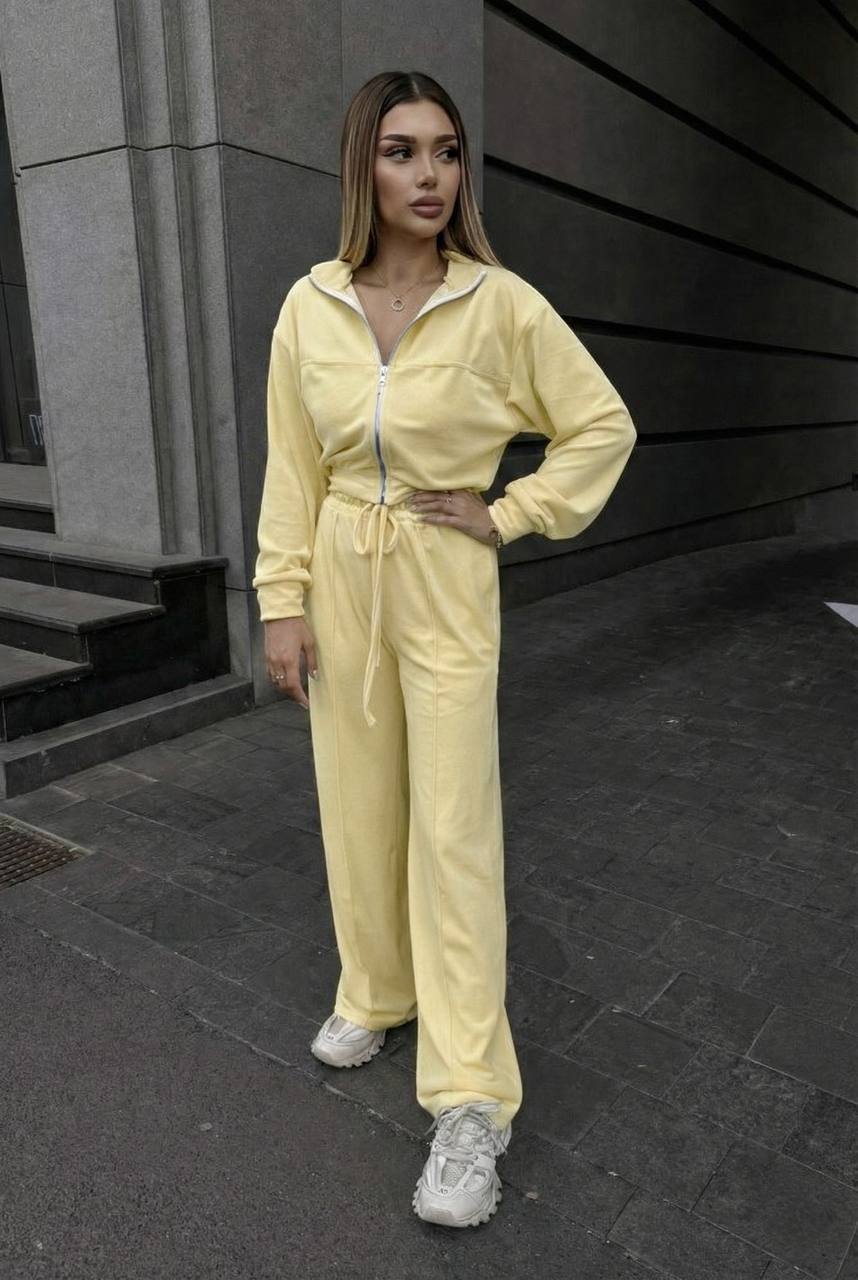 Велюровый костюм
Трендовий велюровий костюм двійка: 
•кофта з стойкою, з спущеним  рукавом, з кокеткою обробленою строчкою, на дорогий змійці, пояс на манжеті;
•брюки розширені, з високою посадкою, з кишенями, з стрілками, пояс на простроченій резинці з завʼязкою
Артикул: GARNA-556955