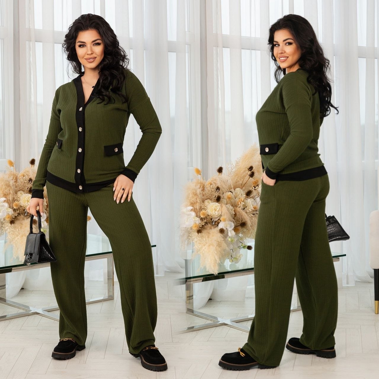 Знижки!Костюм трикотаж
Костюм двійка
Модель № 7252-1
Тканина : трикотаж фактурний,двослойний
ГАРНА РОЗТЯЖНІСТЬ 
Довжина кофти : 72 см.
Довжина рукава : 80 см. ( від горловини )
Довжина штанів : 105 см. ( пояс на резинці )
Стильний та теплий костюм в стилі Шанель , кофта + штани . Тканина добре тягнеться , приємна до тіла , не кашлатеться .Штани прямого покрою з кишенями , пояс на резинці . Кофта на гудзиках , рукав на манжеті .
Артикул: GARNA-605532