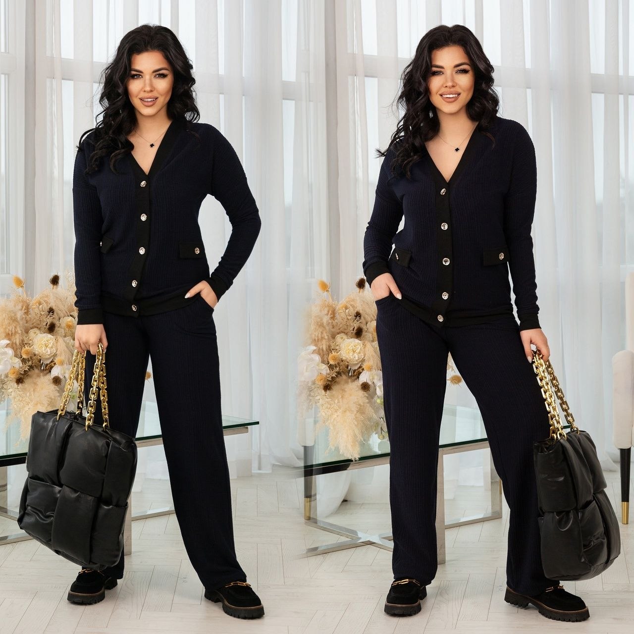 Знижки!Костюм трикотаж
Костюм двійка
Модель № 7252-1
Тканина : трикотаж фактурний,двослойний
ГАРНА РОЗТЯЖНІСТЬ 
Довжина кофти : 72 см.
Довжина рукава : 80 см. ( від горловини )
Довжина штанів : 105 см. ( пояс на резинці )
Стильний та теплий костюм в стилі Шанель , кофта + штани . Тканина добре тягнеться , приємна до тіла , не кашлатеться .Штани прямого покрою з кишенями , пояс на резинці . Кофта на гудзиках , рукав на манжеті .
Артикул: GARNA-234843