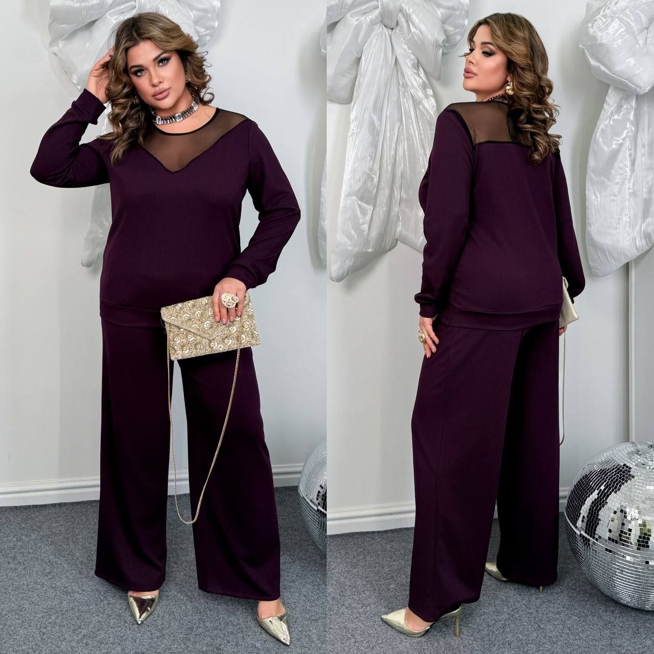 Знижки!Костюм трикотаж
Костюм двійка
Модель № 7884
Тканина : рубчик  + сітка ( гарно тягнеться ) 
Довжина кофта : 68 см..
Довжина рукава : 66 см.
Довжина штанів : 110 см. Святковий  костюм двійка . Штани з високою посадкою , пояс на гумці . Кофта прямого покрою на манжеті , з V - подібною вставкою з сітки  .
Артикул: GARNA-250505