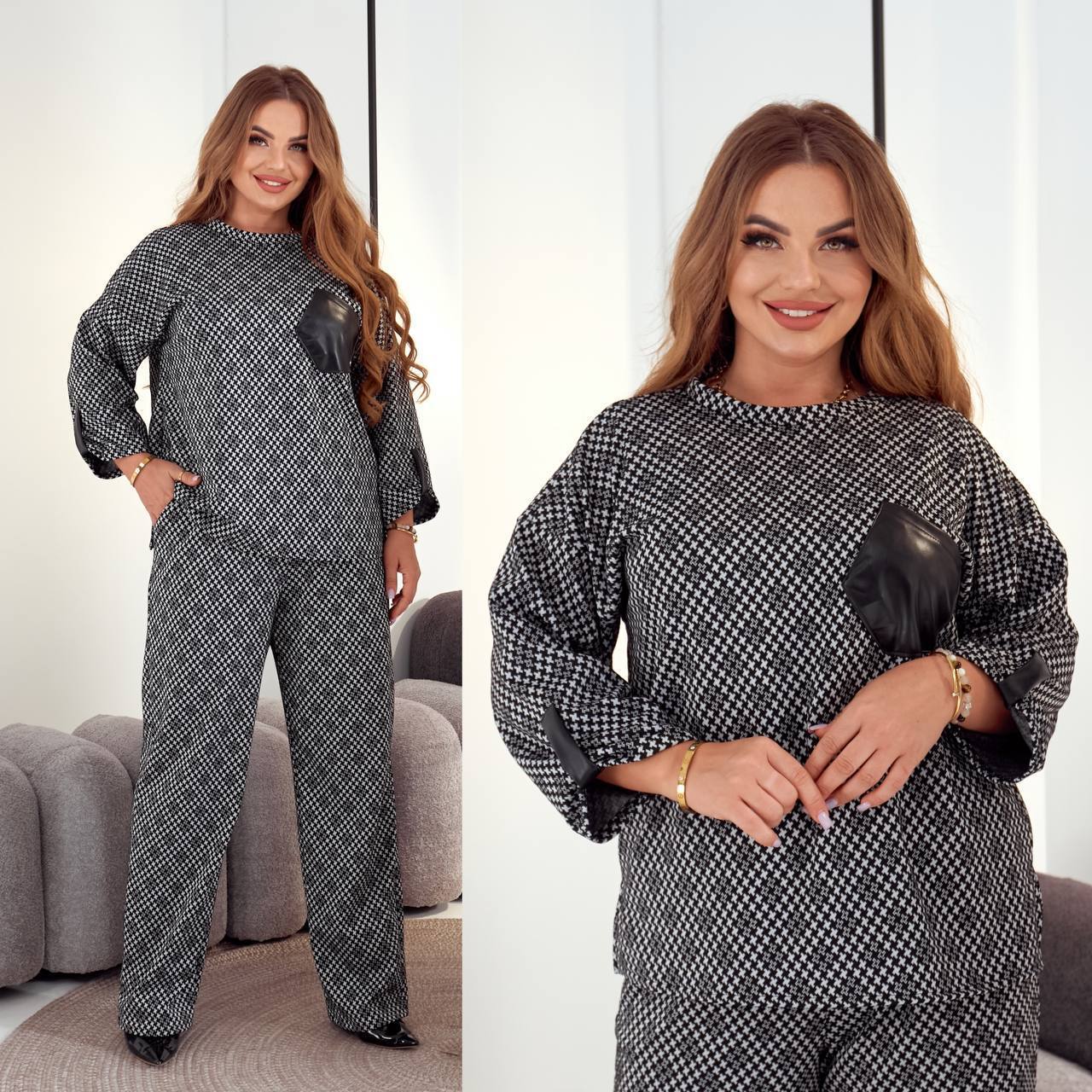 Костюм трикотаж джерсі
Костюм 5461
Тканина: трикотаж італійський :
Довжина виробу по спинці 65 см
Довжина рукава від горловини  кофта  :50см 
Штани:Посадка висока (зручна)
Пояс штанів на резинці1(48-50)-ОС(110)
2(52-54)-ОС(118)
Довжина зовнішнього шва 106 см
Довжина по внутрішньому шву 80 см
Артикул: GARNA-191194