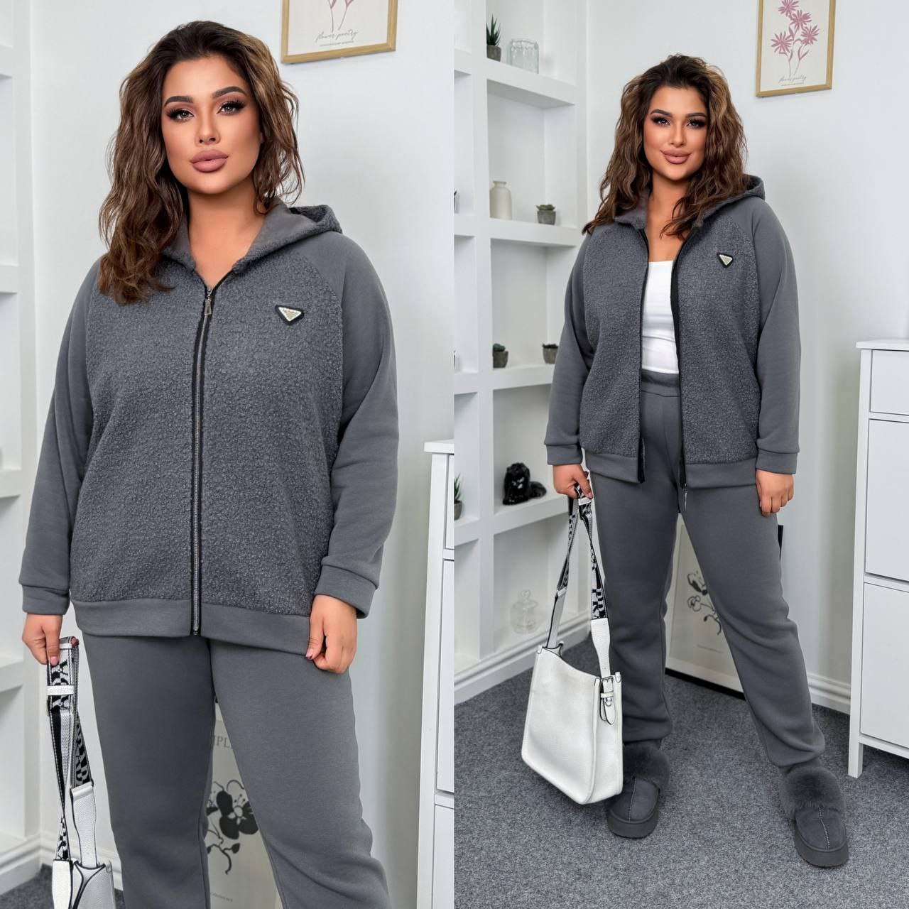 Костюм тринитка+ баранчик
Костюм двійка Мод № 062
Тканина : еко баранчик на флісі + тринитка на флісі ( гарно тягнеться )
Довжина бомбера : 73см
Довжина рукава : 76 см 
Довжина штанів : 110 см. 
Теплий костюм на холодну пору . Комбінований бомбер   на блискавці , з капюшоном . Штани з високою посадкою , пояс на гумці , бічні кишені .
Артикул: GARNA-824450