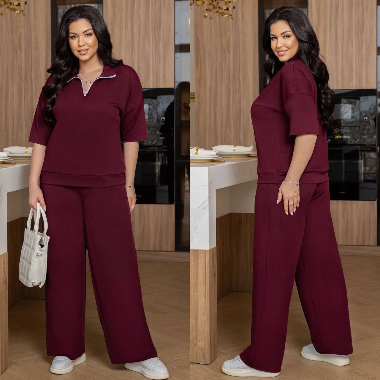 Костюмтрикотаж рубчик
Костюм двійка Мод № 7761
Тканина : рубчик ( гарно тягнеться )
Довжина кофти  : 70 см..
Довжина рукава : 45 см. ( від горловини ) 
Довжина штанів : 110 см. (пояс на гумці )
Практичний стильний костюм , штани прямого покрою   , з бічними кишенями  , пояс на гумці  , висока посадка . Кофта прямого покрою , на манжеті , рукав спущений . Тканина  гарної якості , зносостійка  , приємна на дотик , гарно тягнеться .
Артикул: GARNA-757938